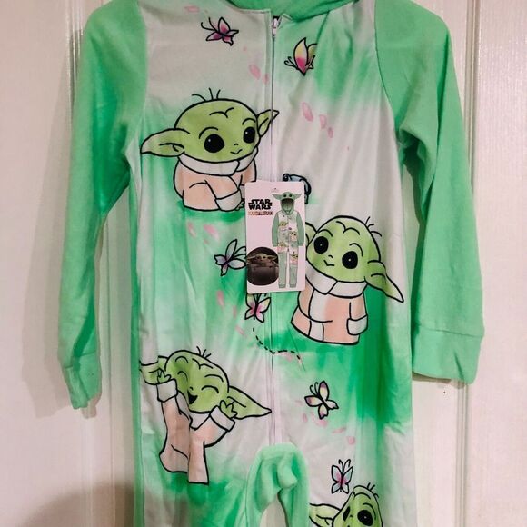 Star Wars Mandalorian Boys Hooded One Piece Pajamas Sleepwear Green Size 10‎ NEW - Picture 4 of 9